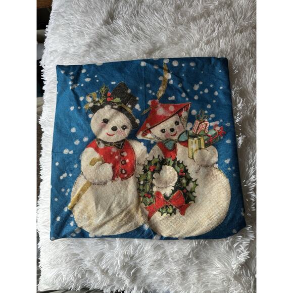 Snowman Christmas Pillow Cover | Blue Holiday Throw Cushion Case | 18x18 Modern - Picture 1 of 2